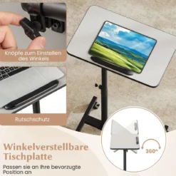 Höhenverstellbarer Betttisch auf Rollen mit Neigbarer & 360° Drehbarer Tischplatte Pflegetisch Grau