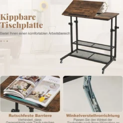 Höhenverstellbarer Betttisch auf Rollen Pflegetisch mit Neigbarer Tischplatte & Kantenschutz
