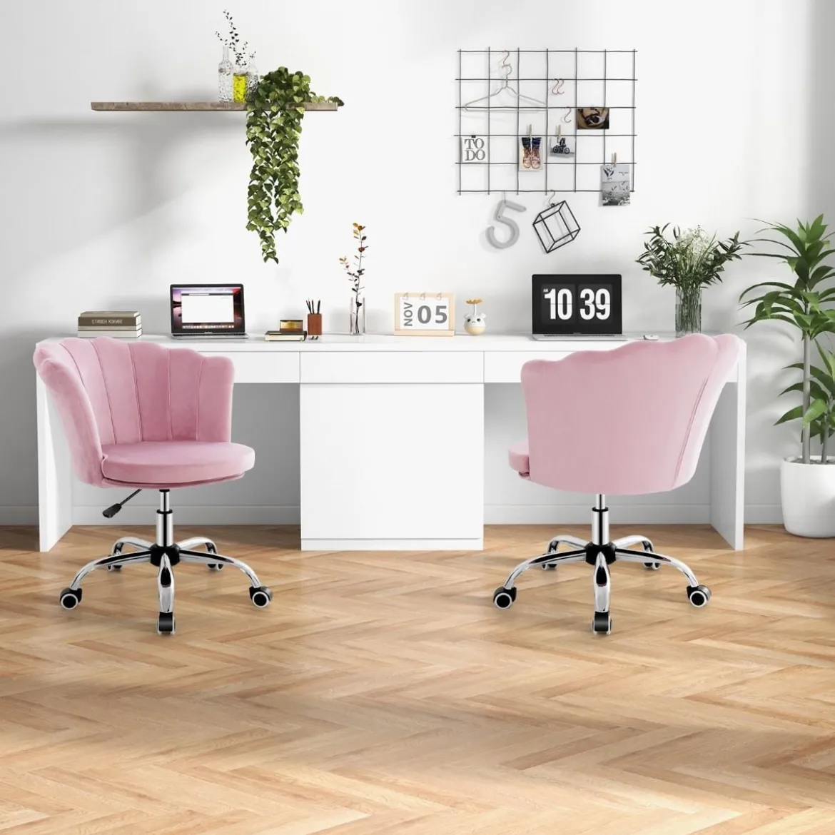 Höhenverstellbarer Bürostuhl aus Samt mit Rollen & Ergonomischem Design Computerstuhl