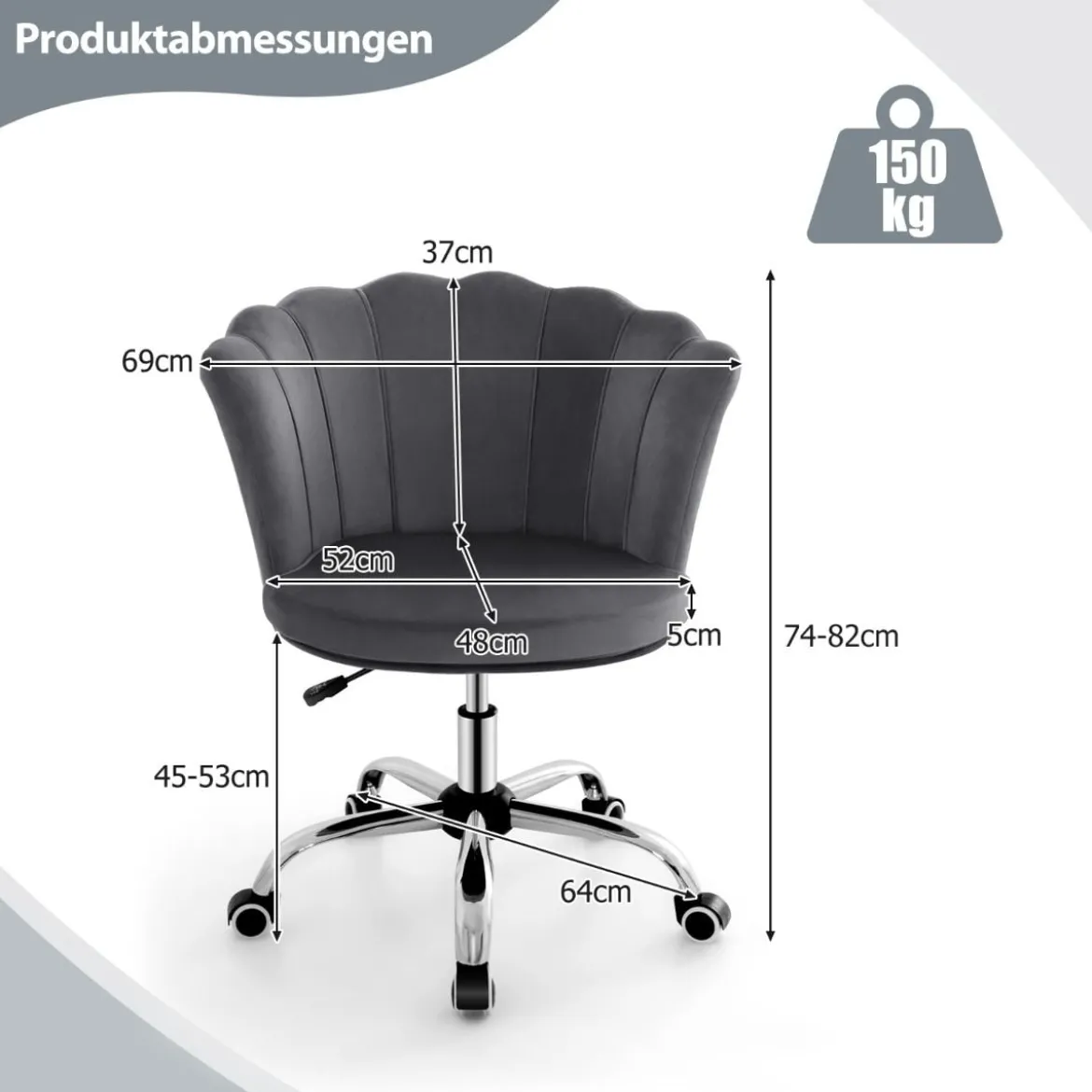 Höhenverstellbarer Bürostuhl aus Samt mit Rollen & Ergonomischem Design Computerstuhl