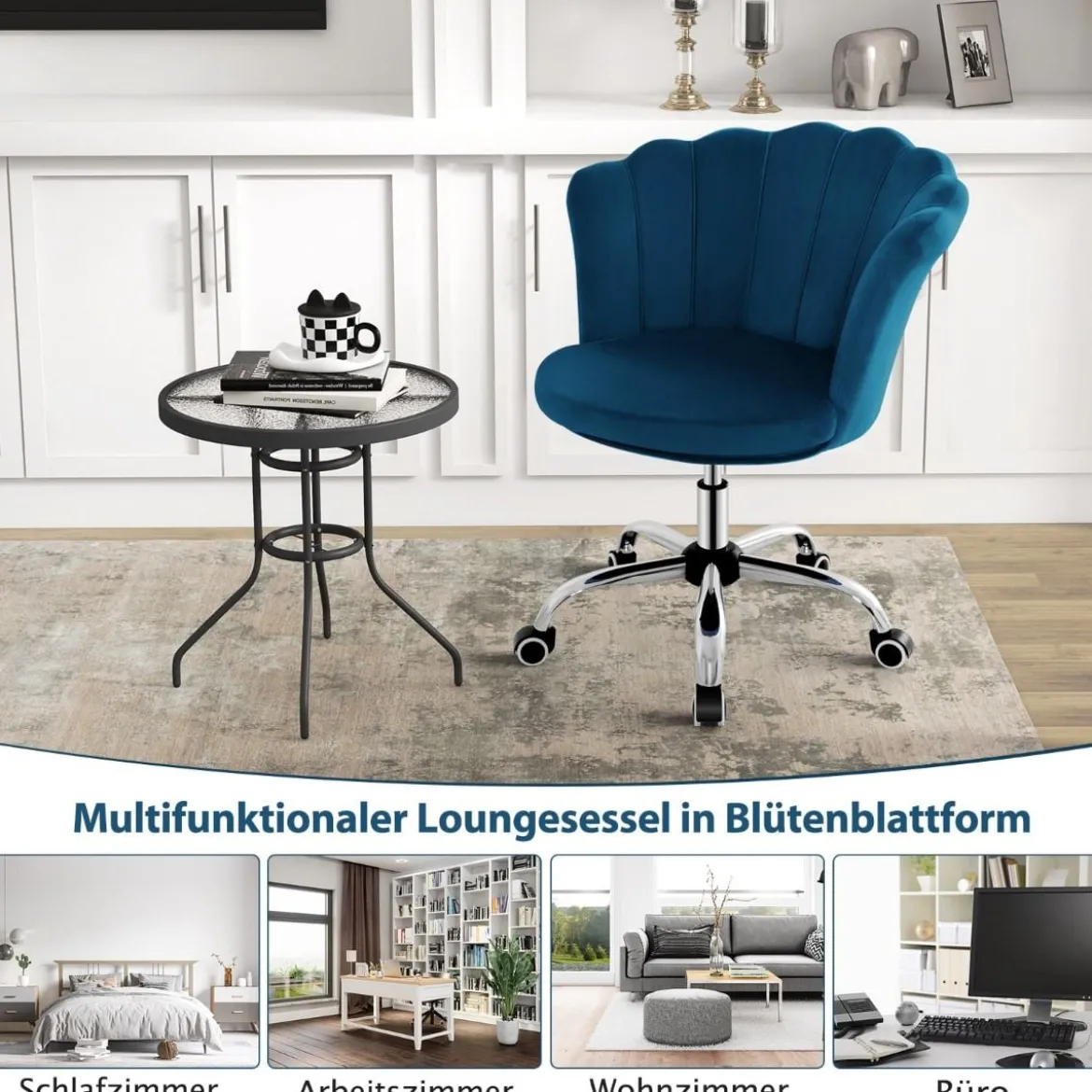 Höhenverstellbarer Bürostuhl aus Samt mit Rollen & Ergonomischem Design Computerstuhl