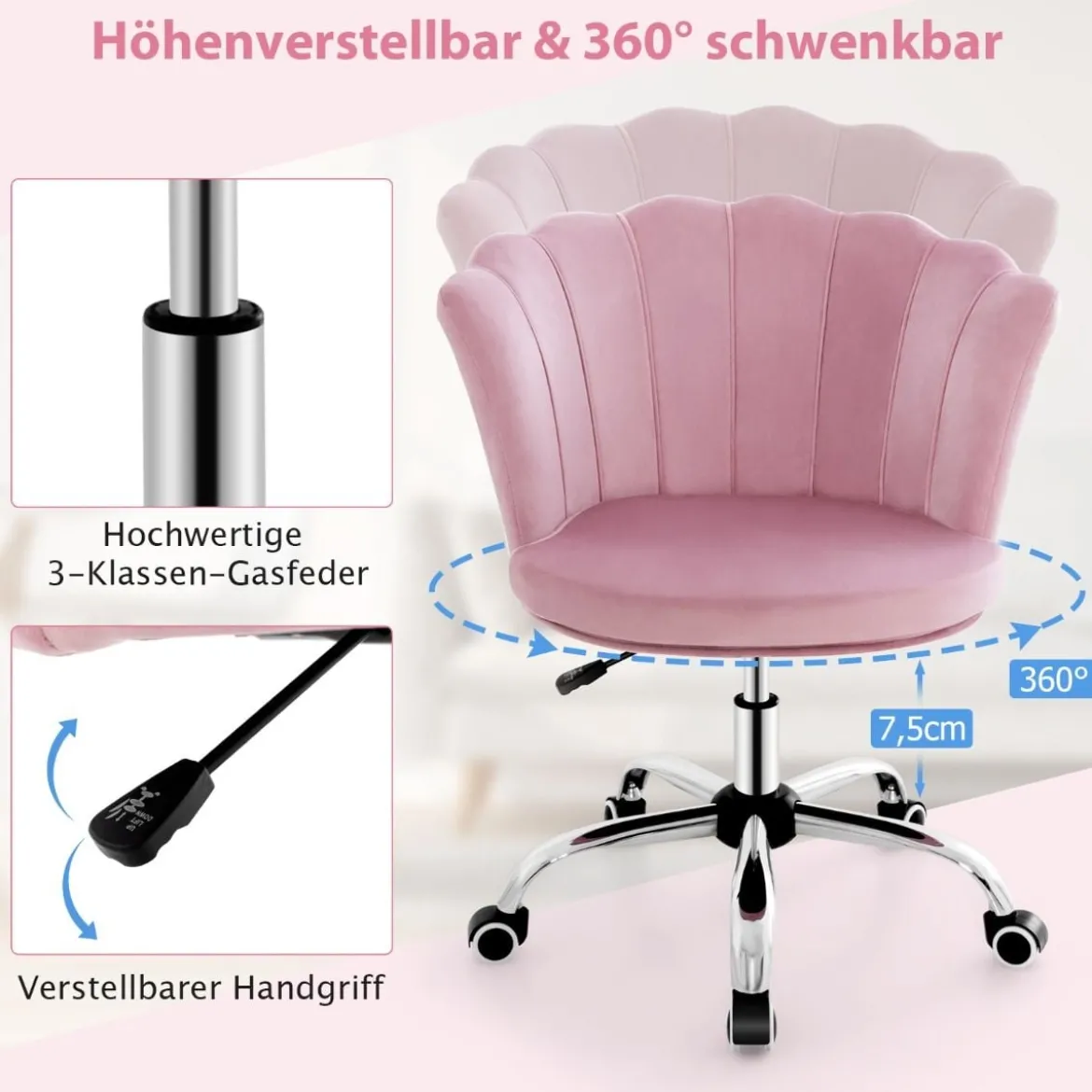 Höhenverstellbarer Bürostuhl aus Samt mit Rollen & Ergonomischem Design Computerstuhl