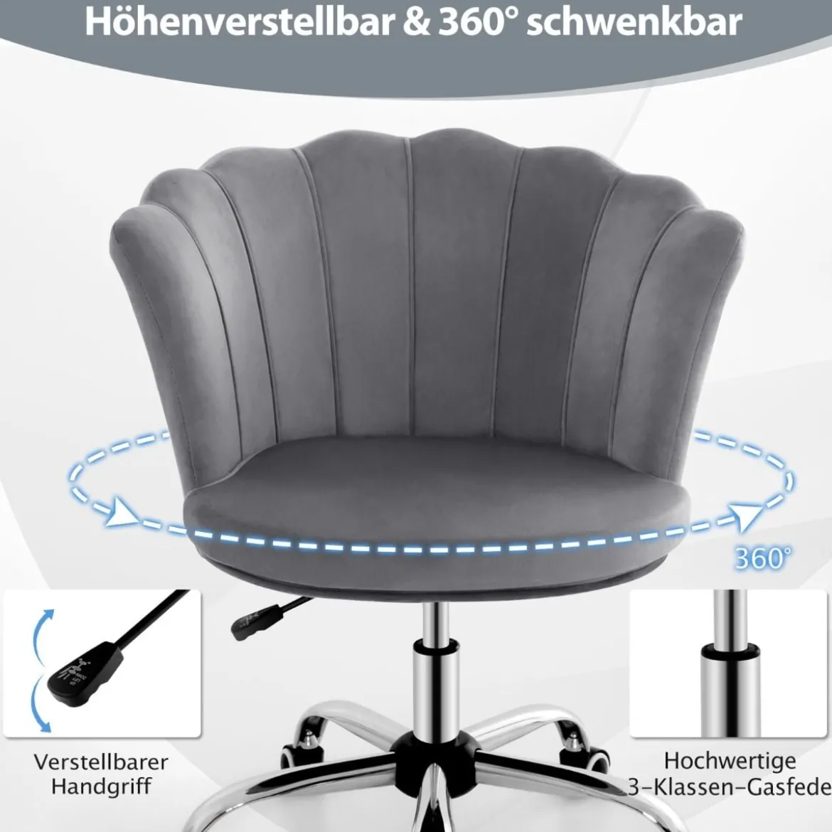 Höhenverstellbarer Bürostuhl aus Samt mit Rollen & Ergonomischem Design Computerstuhl