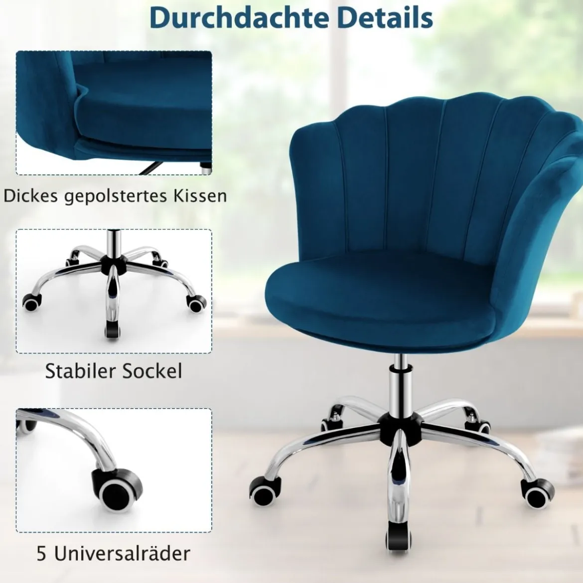 Höhenverstellbarer Bürostuhl aus Samt mit Rollen & Ergonomischem Design Computerstuhl