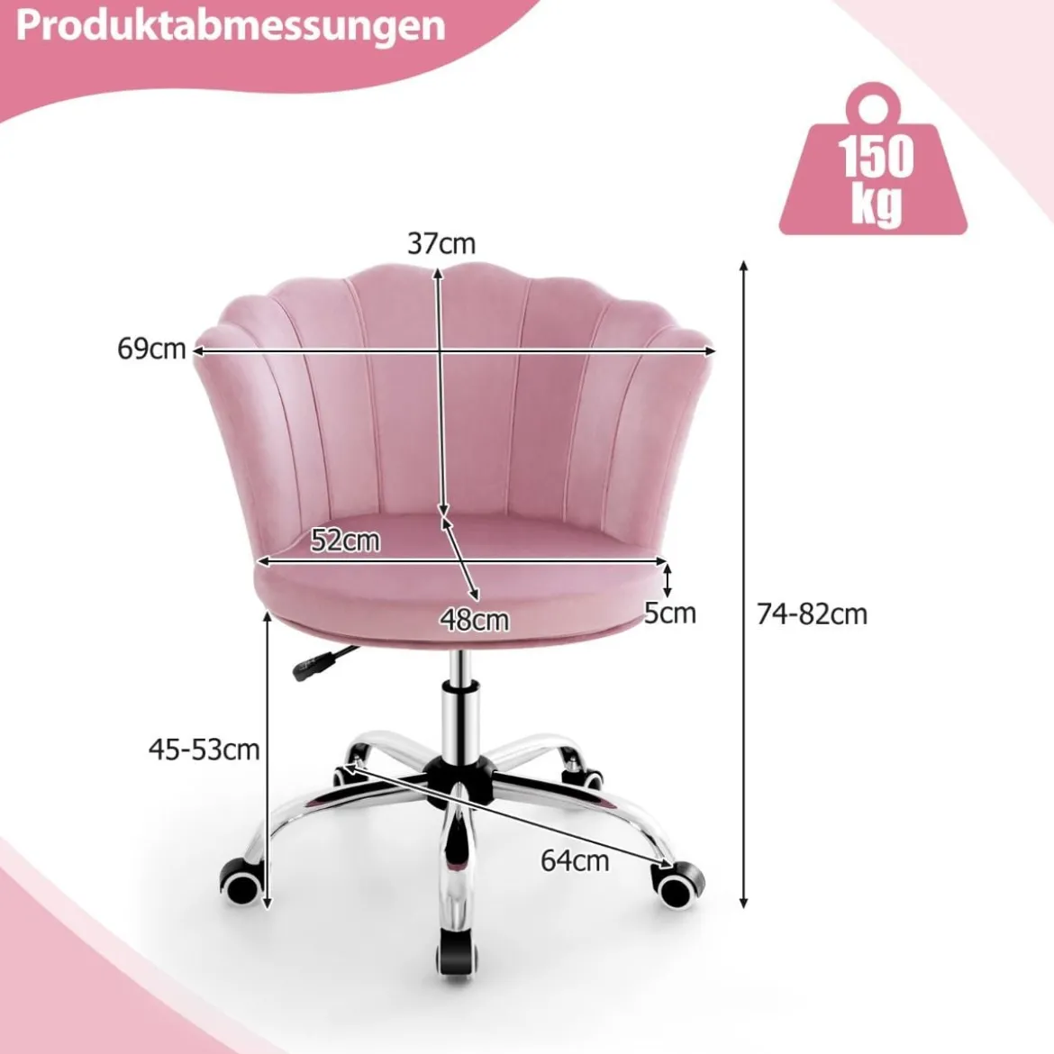 Höhenverstellbarer Bürostuhl aus Samt mit Rollen & Ergonomischem Design Computerstuhl