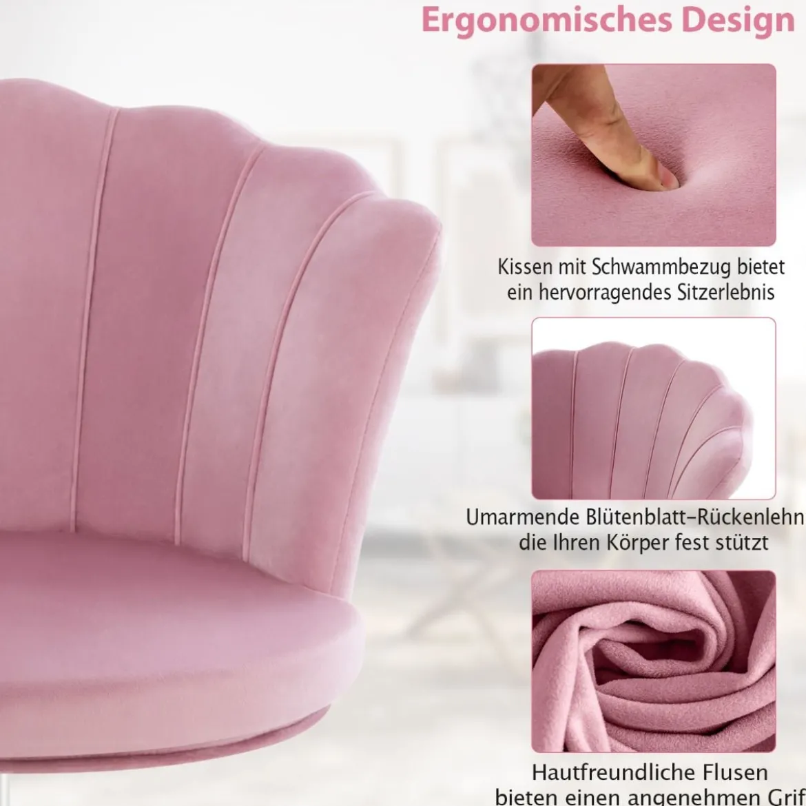 Höhenverstellbarer Bürostuhl aus Samt mit Rollen & Ergonomischem Design Computerstuhl