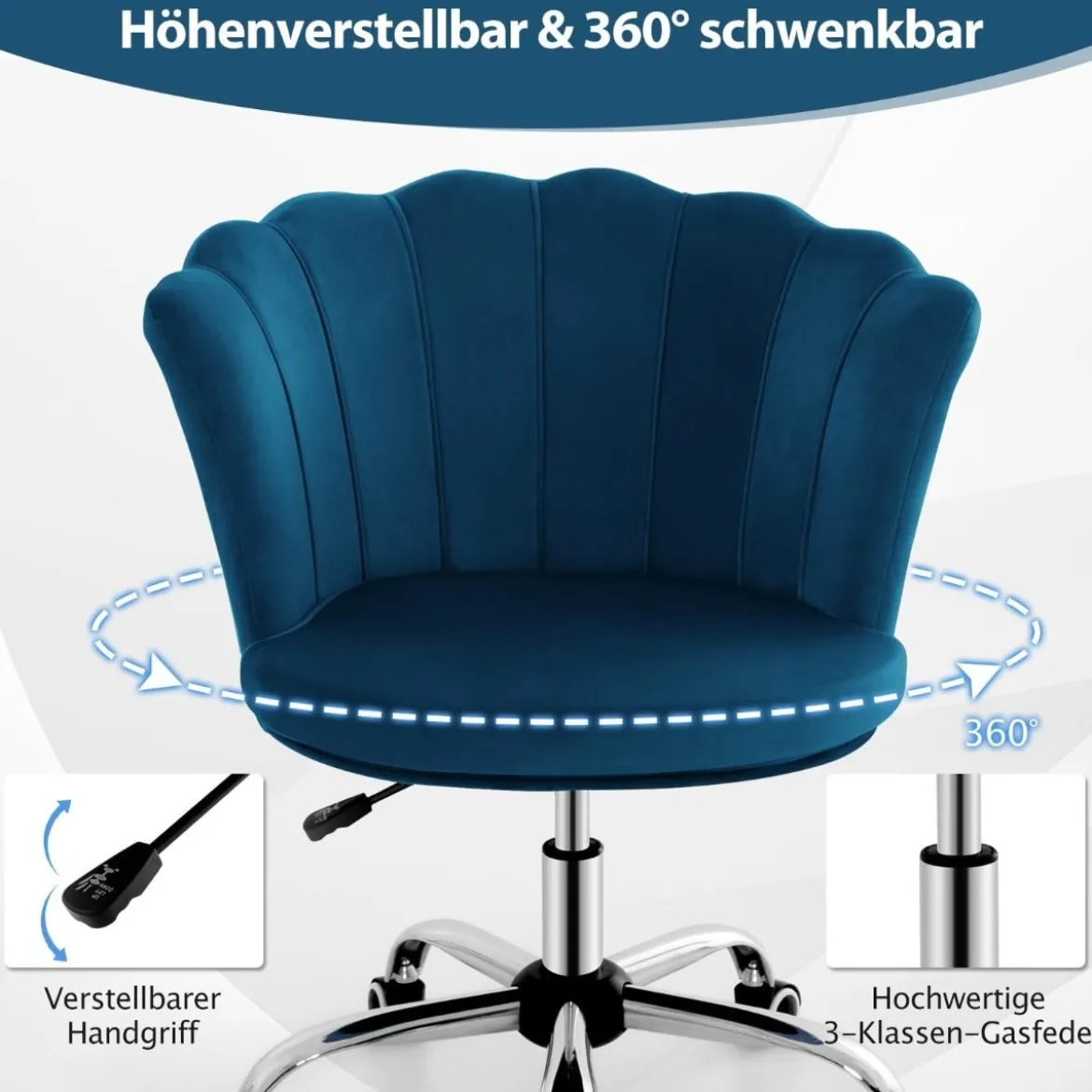 Höhenverstellbarer Bürostuhl aus Samt mit Rollen & Ergonomischem Design Computerstuhl