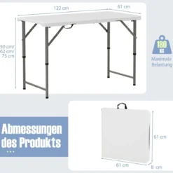Höhenverstellbarer Campingtisch mit HDPE-Tischplatte & Tragegriff Klappbarer Gartentisch