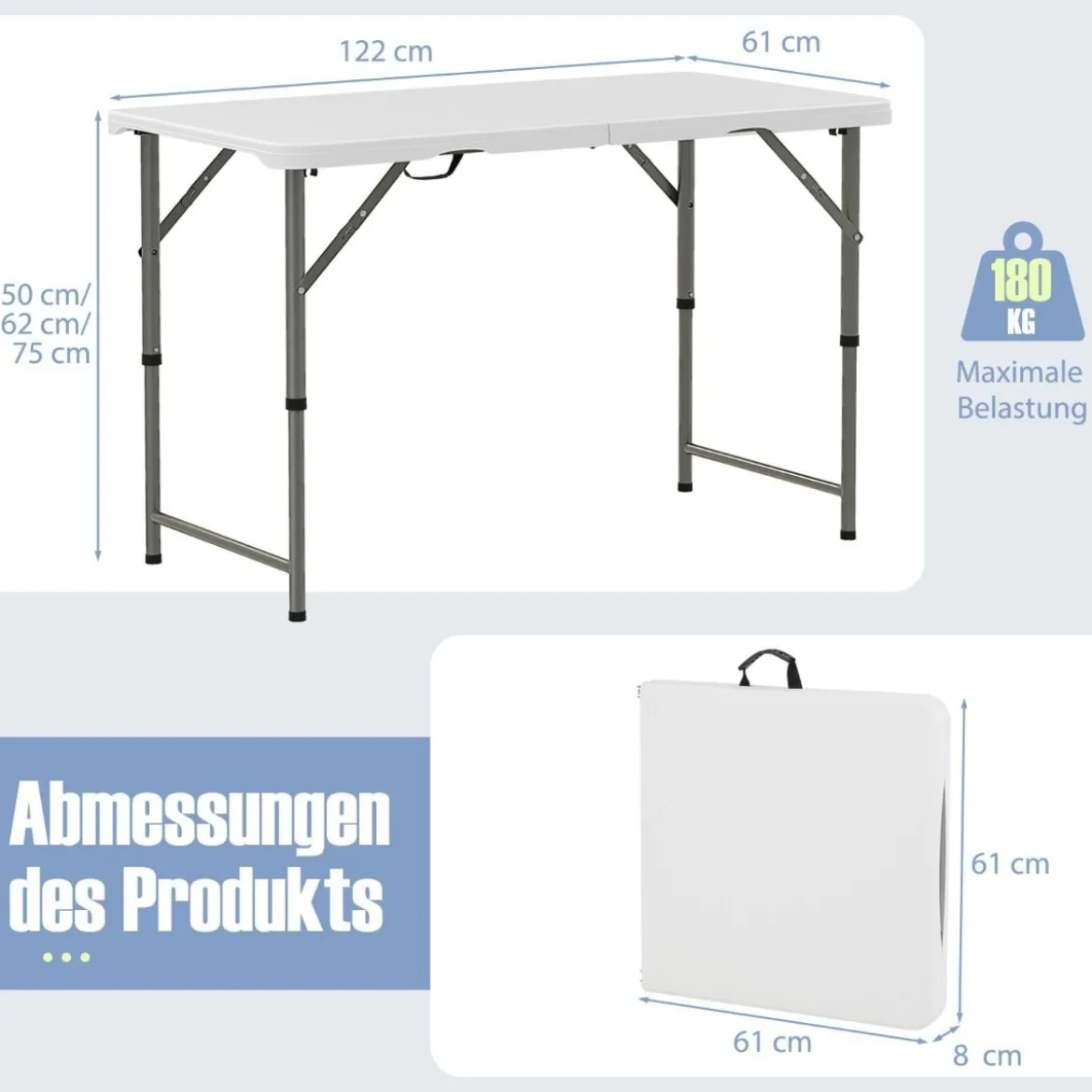 Höhenverstellbarer Campingtisch mit HDPE-Tischplatte & Tragegriff Klappbarer Gartentisch