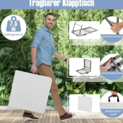 Höhenverstellbarer Campingtisch mit HDPE-Tischplatte & Tragegriff Klappbarer Gartentisch