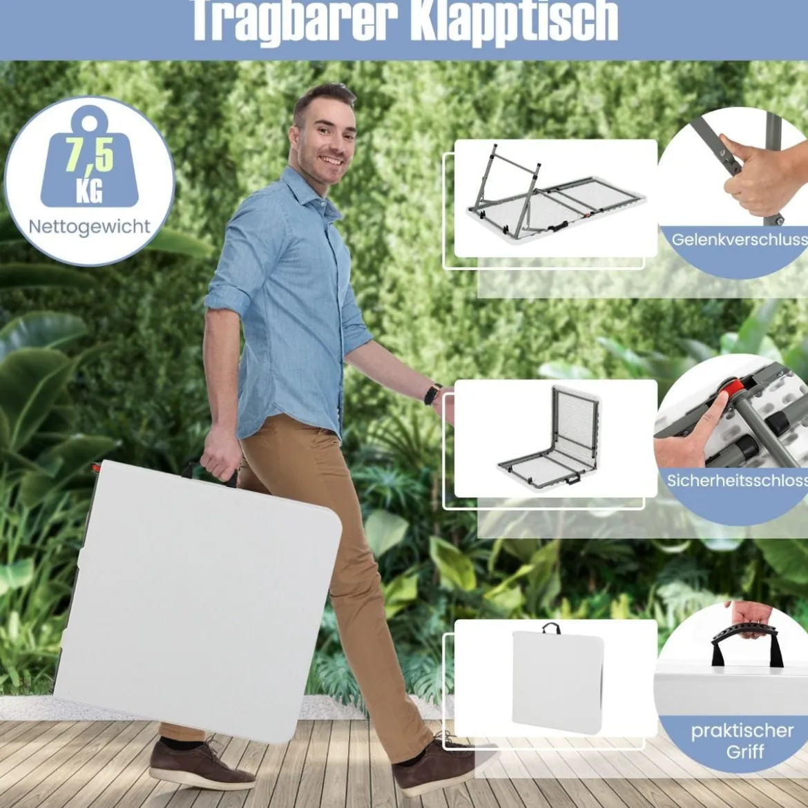 Höhenverstellbarer Campingtisch mit HDPE-Tischplatte & Tragegriff Klappbarer Gartentisch