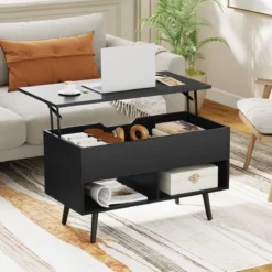 Höhenverstellbarer Couchtisch mit anhebbarer Tischplatte & 2 offenen Regalen Sofatisch Schwarz