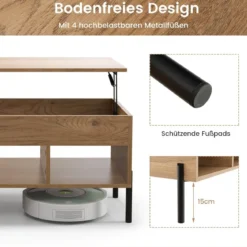 Höhenverstellbarer Couchtisch mit Anhebbarer Tischplatte & 3 Offenen Fächern Natur