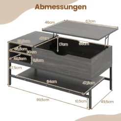 Höhenverstellbarer Couchtisch mit Offenem Fach & Ablagefach Kaffeetisch Sofatisch Grau
