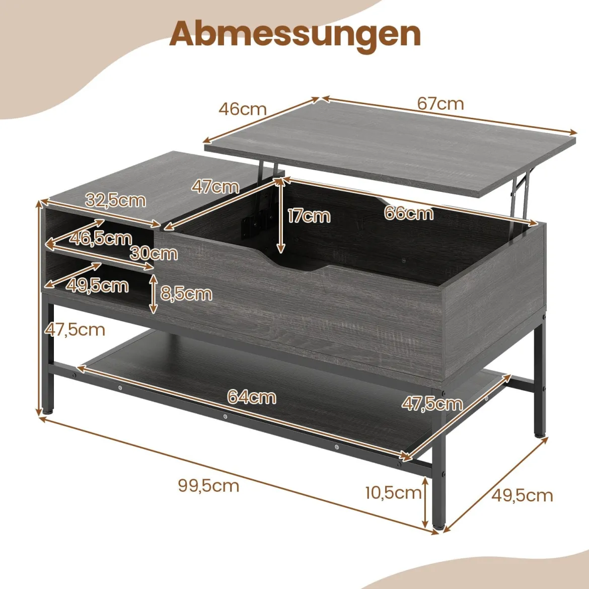 Höhenverstellbarer Couchtisch mit Offenem Fach & Ablagefach Kaffeetisch Sofatisch Grau