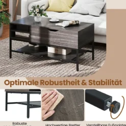 Höhenverstellbarer Couchtisch mit Offenem Fach & Ablagefach Kaffeetisch Sofatisch Grau