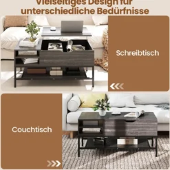Höhenverstellbarer Couchtisch mit Offenem Fach & Ablagefach Kaffeetisch Sofatisch Grau