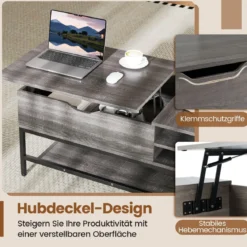Höhenverstellbarer Couchtisch mit Offenem Fach & Ablagefach Kaffeetisch Sofatisch Grau