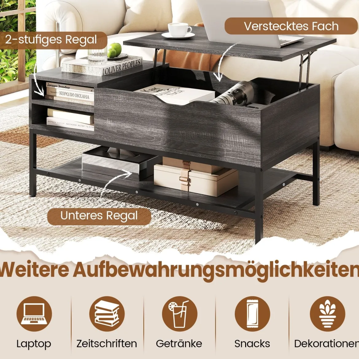 Höhenverstellbarer Couchtisch mit Offenem Fach & Ablagefach Kaffeetisch Sofatisch Grau