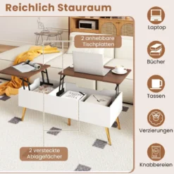 Höhenverstellbarer Couchtisch mit Anhebbarer Tischplatte & 2 Versteckten Ablagefächern Beistelltisch