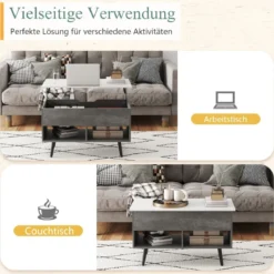 Höhenverstellbarer Couchtisch mit Anhebbarer Tischplatte & 2 Offenen Regalen Sofatisch Grau