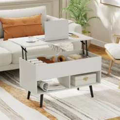 Höhenverstellbarer Couchtisch mit Anhebbarer Tischplatte & 2 Offenen Regalen Sofatisch Weiß