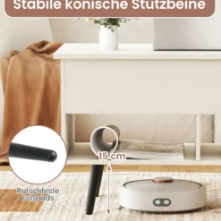 Höhenverstellbarer Couchtisch mit Anhebbarer Tischplatte & 2 Offenen Regalen Sofatisch Weiß