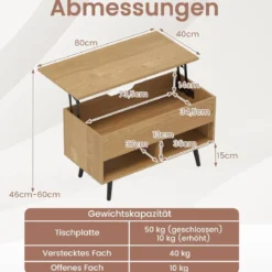 Höhenverstellbarer Couchtisch mit Anhebbarer Tischplatte & 2 Offenen Regalen Sofatisch Natur