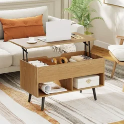 Höhenverstellbarer Couchtisch mit Anhebbarer Tischplatte & 2 Offenen Regalen Sofatisch Natur