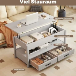 Höhenverstellbarer Couchtisch mit Anhebbarer Tischplatte & 2 Schubladen Sofatisch Kafeetisch