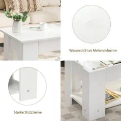 Höhenverstellbarer Couchtisch aus Holz mit Hebeplatte & Ablagefach Kaffeetisch Weiß