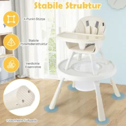 Höhenverstellbarer 6-in-1 Babyhochstuhl Beige Hochstuhl & Essenstuhl & Kindersitzgruppe