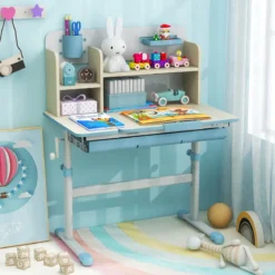 Höhenverstellbarer Kinderschreibtisch mit Neigbarer Tischplatte & Regalen & Schublade Studiertisch