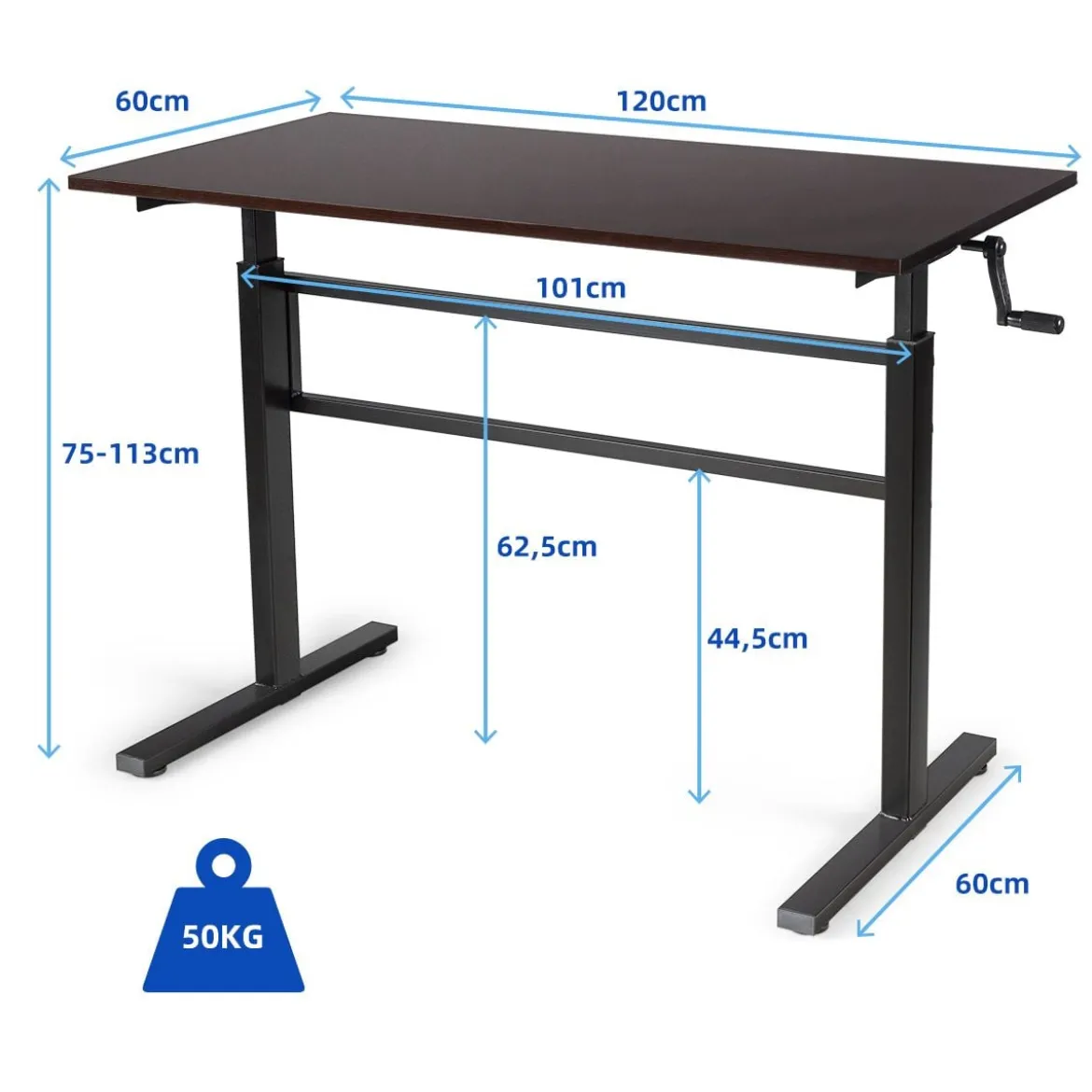 Höhenverstellbarer Stehtisch Sitz-Steh-Schreibtisch mit Kurbel 120 x 60 x 75-113 cm Braun