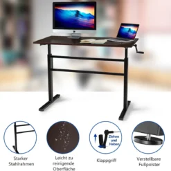 Höhenverstellbarer Stehtisch Sitz-Steh-Schreibtisch mit Kurbel 120 x 60 x 75-113 cm Braun