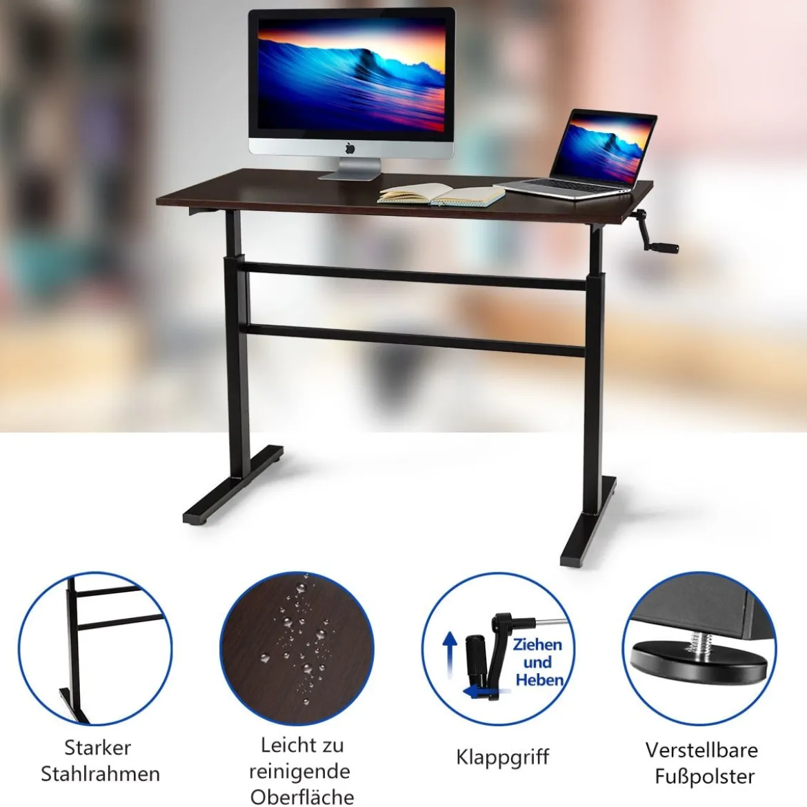 Höhenverstellbarer Stehtisch Sitz-Steh-Schreibtisch mit Kurbel 120 x 60 x 75-113 cm Braun