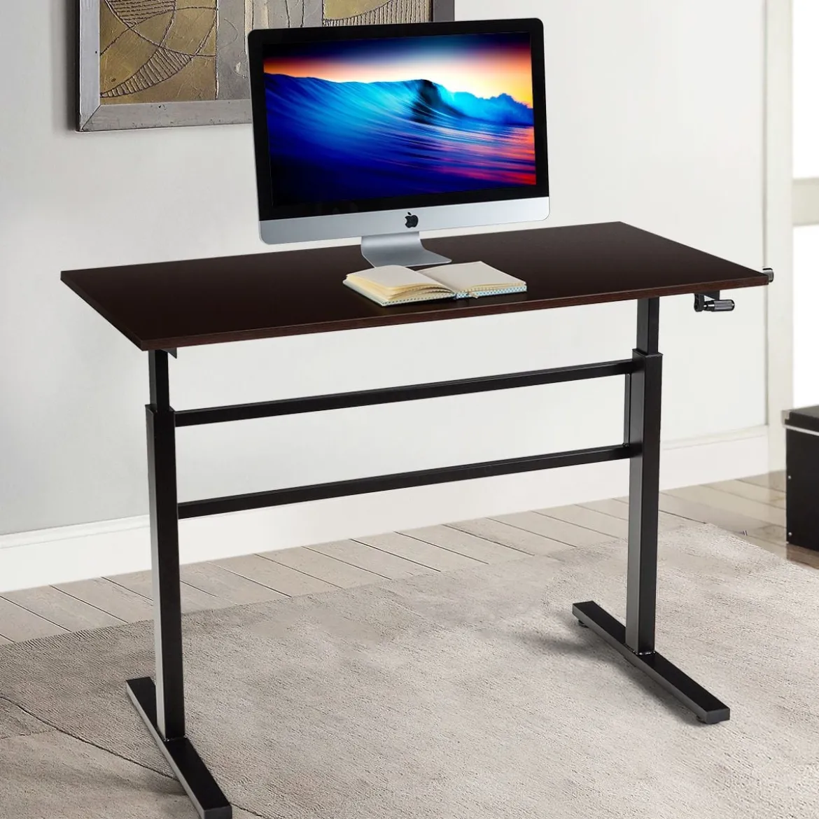 Höhenverstellbarer Stehtisch Sitz-Steh-Schreibtisch mit Kurbel 120 x 60 x 75-113 cm Braun