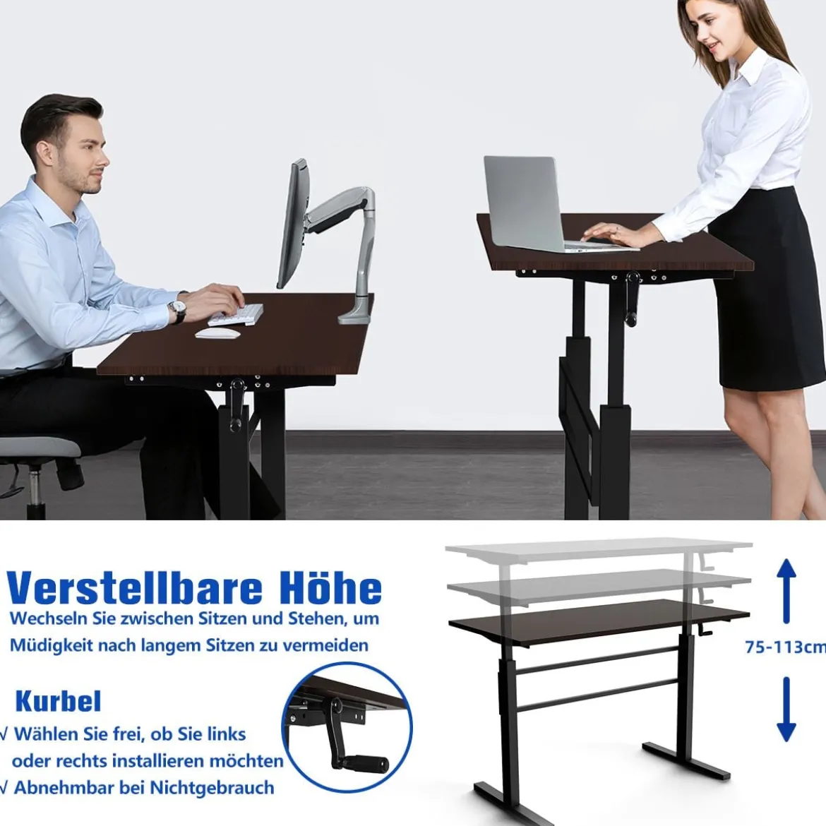 Höhenverstellbarer Stehtisch Sitz-Steh-Schreibtisch mit Kurbel 120 x 60 x 75-113 cm Braun