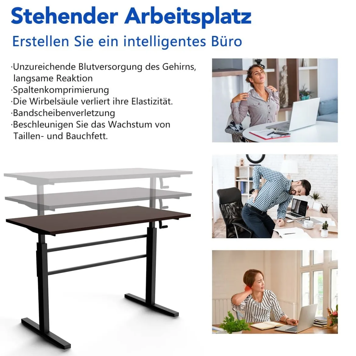 Höhenverstellbarer Stehtisch Sitz-Steh-Schreibtisch mit Kurbel 120 x 60 x 75-113 cm Braun