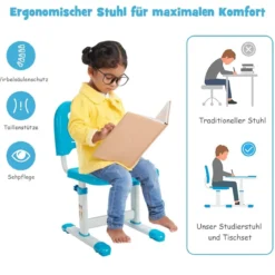 Höhenverstellbares Kinderschreibtisch Set mit Neigbarer Tischplatte & Schublade Blau