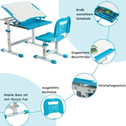 Höhenverstellbares Kinderschreibtisch Set mit Neigbarer Tischplatte & Schublade Blau