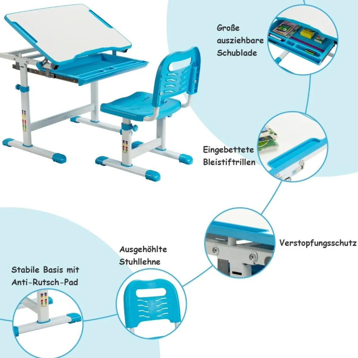 Höhenverstellbares Kinderschreibtisch Set mit Neigbarer Tischplatte & Schublade Blau