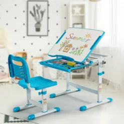 Höhenverstellbares Kinderschreibtisch Set mit Neigbarer Tischplatte & Schublade Blau