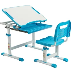 Höhenverstellbares Kinderschreibtisch Set mit Neigbarer Tischplatte & Schublade Blau