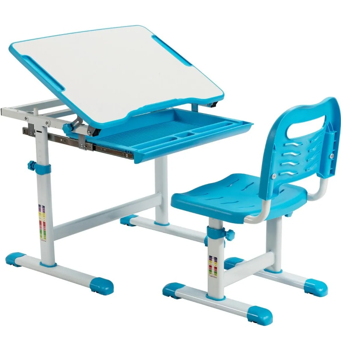 Höhenverstellbares Kinderschreibtisch Set mit Neigbarer Tischplatte & Schublade Blau