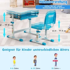 Höhenverstellbares Kinderschreibtisch Set mit Neigbarer Tischplatte & Schublade Blau