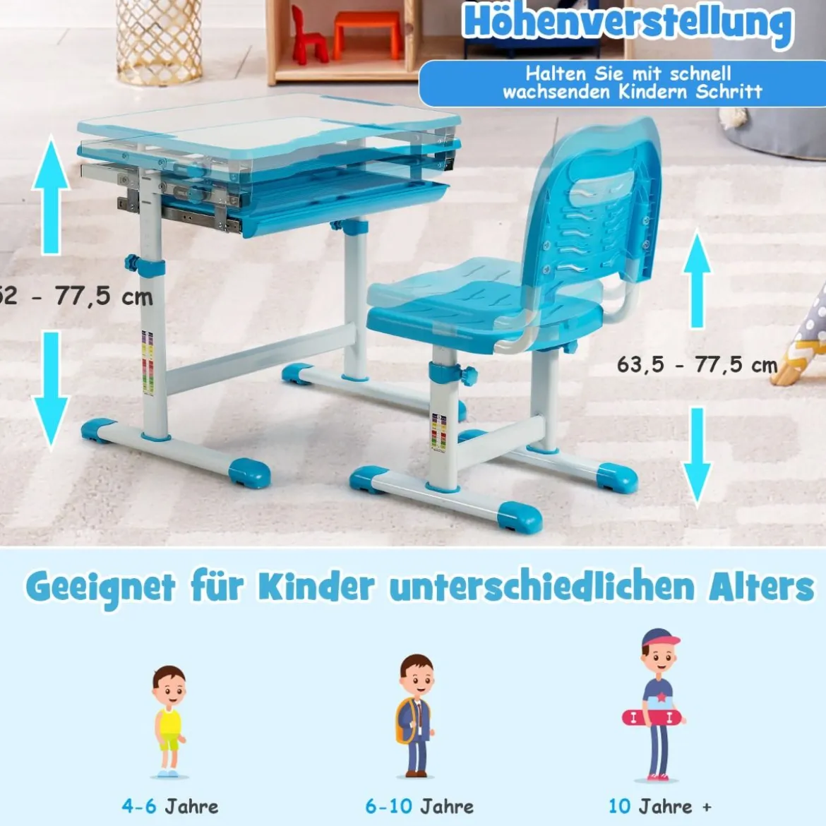 Höhenverstellbares Kinderschreibtisch Set mit Neigbarer Tischplatte & Schublade Blau
