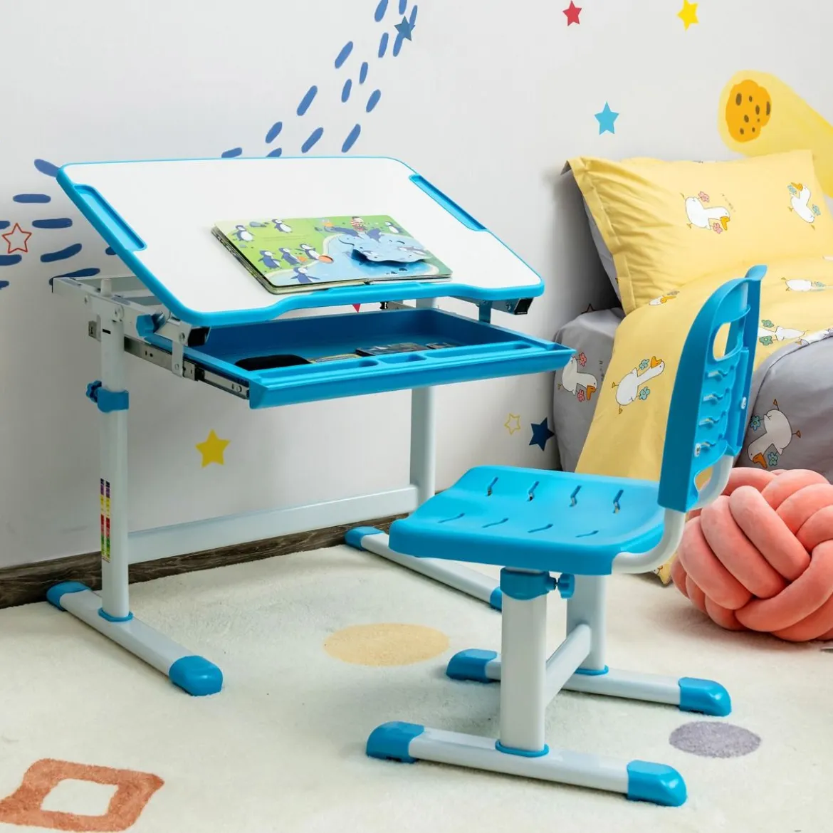 Höhenverstellbares Kinderschreibtisch Set mit Neigbarer Tischplatte & Schublade Blau