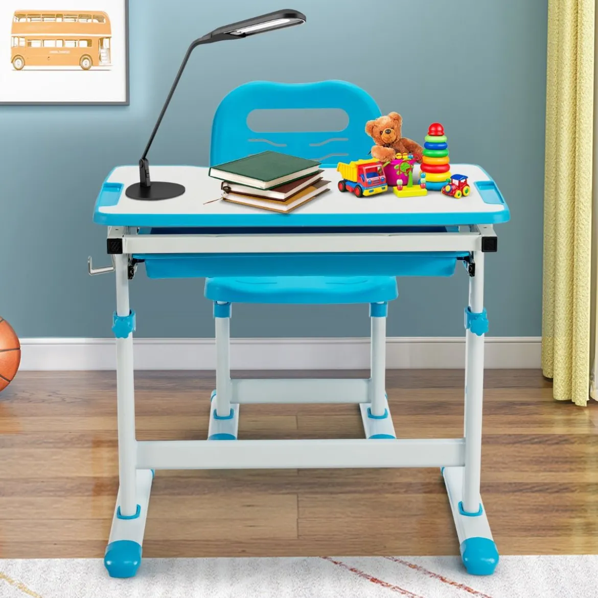 Höhenverstellbares Kinderschreibtisch Set mit Neigbarer Tischplatte & Schublade Blau