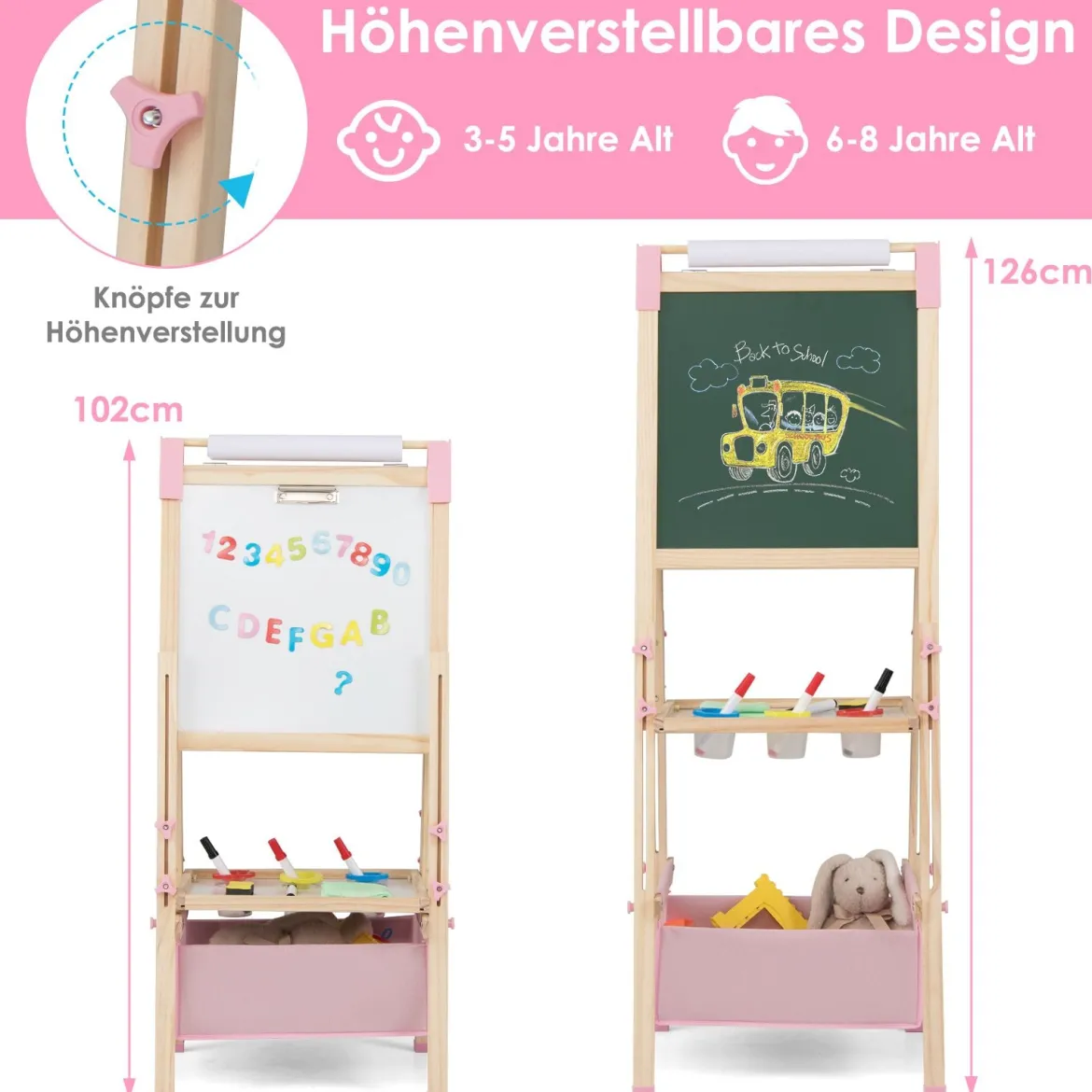 Höhenverstellbare Zeichentafel für Kinder doppelseitige Staffelei mit magnetischer Tafel Natur